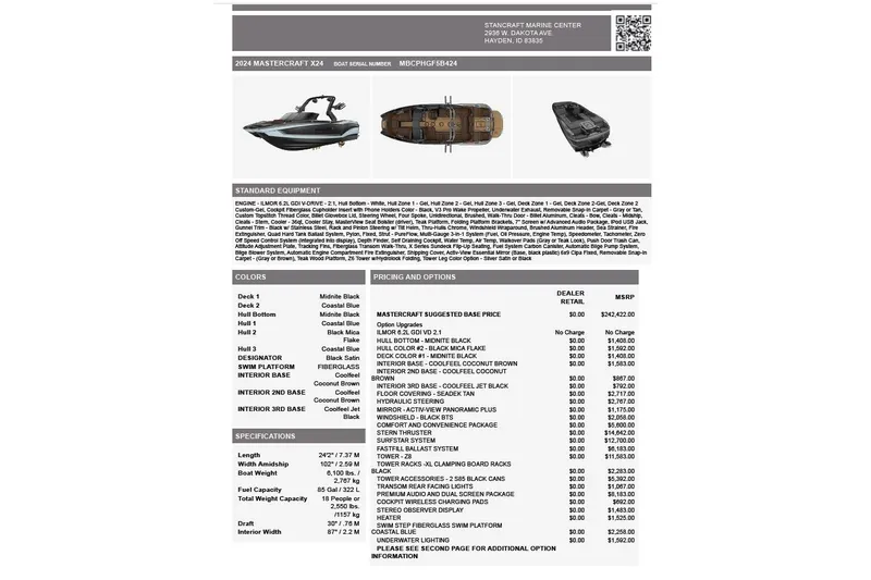 Slide: The Image of 2024 MasterCraft X24 boat specifications and pricing details sheet. - 7