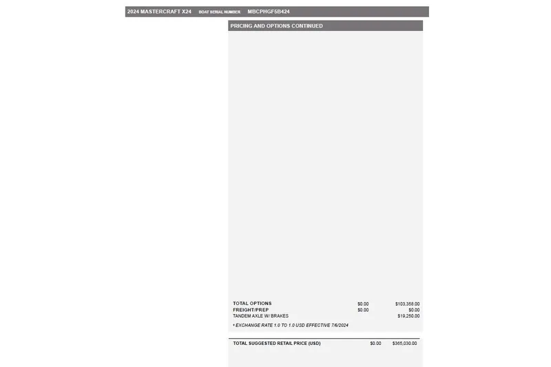 Slide: The Image of 2024 MasterCraft X24 pricing sheet with total retail price and options listed. - 9