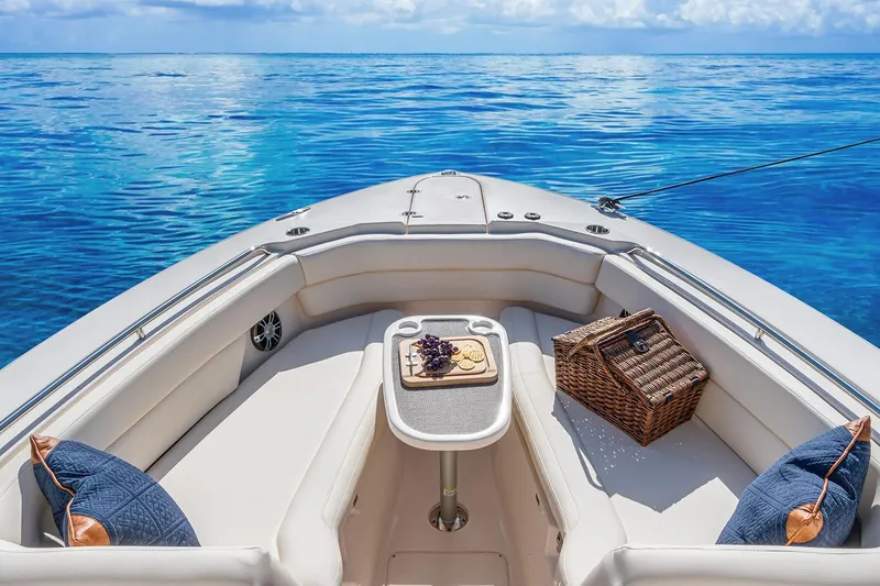 Slide: The Image of Manufacturer Provided Image: Luxury seating area on 2023 Grady-White Freedom 307 boat with ocean view. - 2