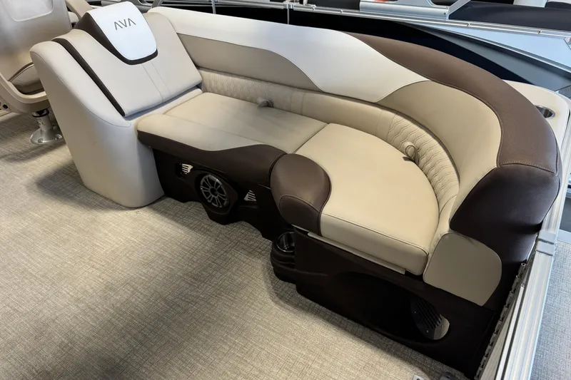 Slide: The Image of Luxurious seating in 2026 Avalon LSZ QL boat, featuring beige and brown upholstery. - 14