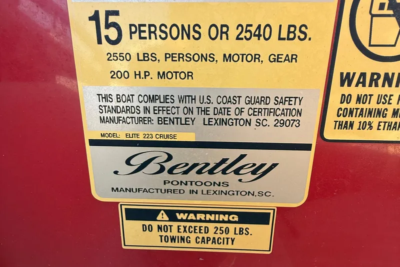 Slide: The Image of 2019 Bentley Pontoons 223 Cruise capacity label, 15 persons, 2540 lbs, 200 HP motor. - 11