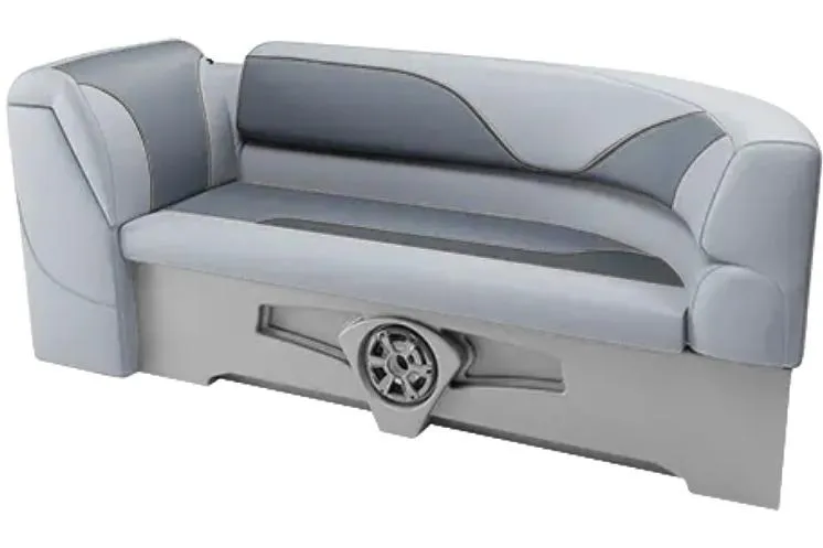 Slide: The Image of 2026 Avalon Venture 85 CR pontoon boat with spacious seating in showroom. - 2