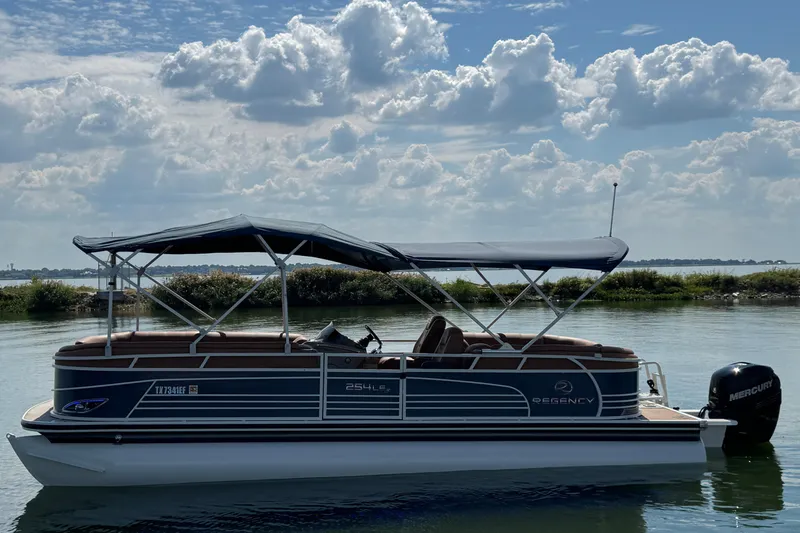 The Image of 2017 Regency 254 LE3 pontoon boat on calm water under a cloudy sky. - 0