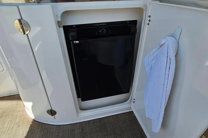 Slide: The Image of 2009 Cobalt 373 boat interior with mini fridge and towel on door. - 14