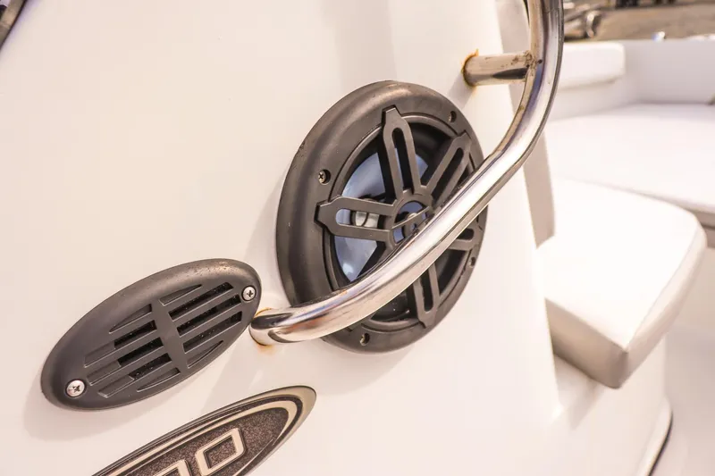 Slide: The Image of 2020 Key Largo 1800 Center Console boat speaker and railing detail. - 10