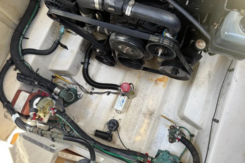 Slide: The Image of Engine compartment of a 2006 Sea Ray 270 Amberjack boat, showing belts and hoses. - 17