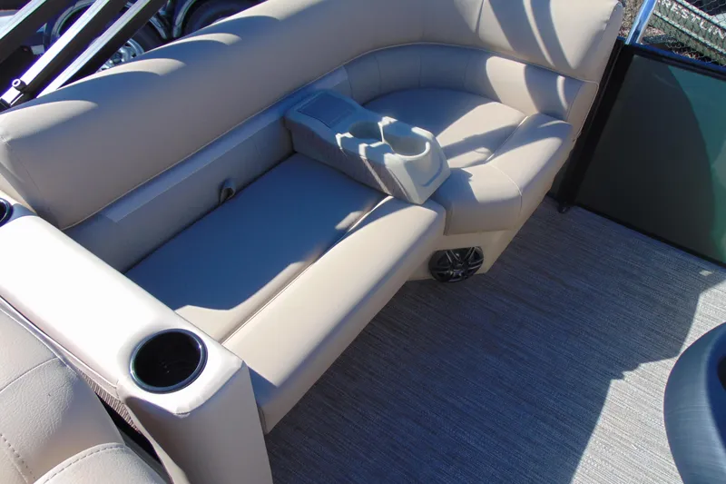 Slide: The Image of Luxurious seating on 2026 Godfrey Xperience 2086SBX pontoon boat with cup holders and speaker. - 10