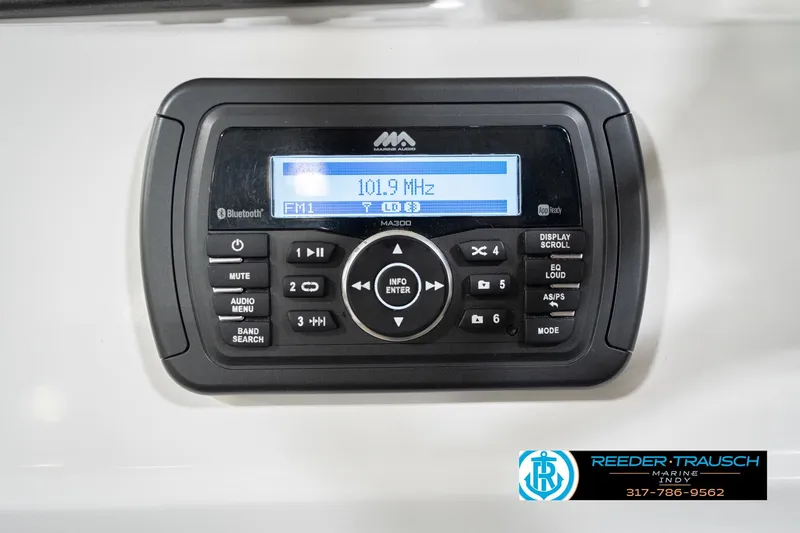 Slide: The Image of Boat stereo system on 2017 Hurricane SunDeck Sport 202 OB, displaying FM radio frequency. - 34