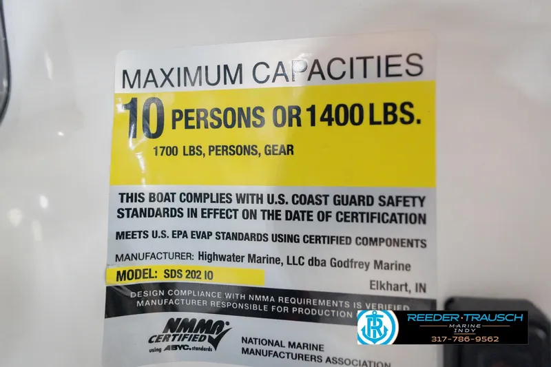 Slide: The Image of 2017 Hurricane SunDeck Sport 202 OB capacity label, 10 persons or 1400 lbs, safety compliance. - 64