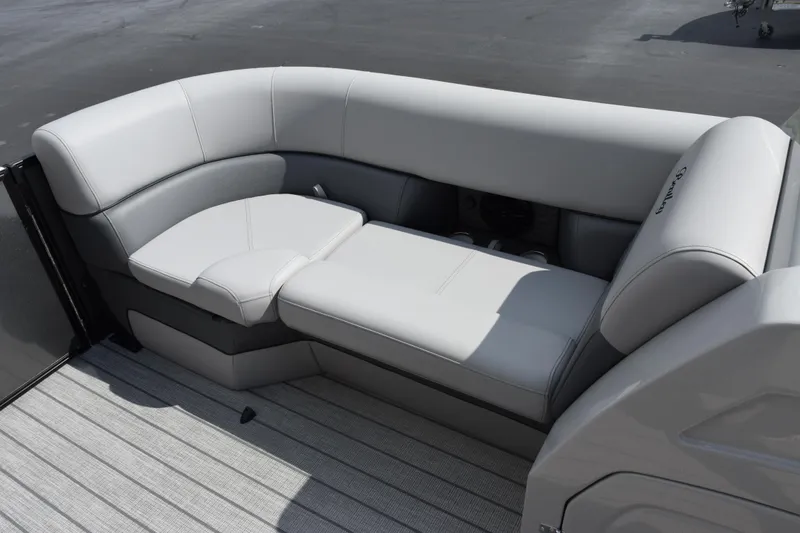 Slide: The Image of 2026 Bentley Pontoons Elite 223 Swingback interior seating, featuring luxurious gray upholstery. - 15