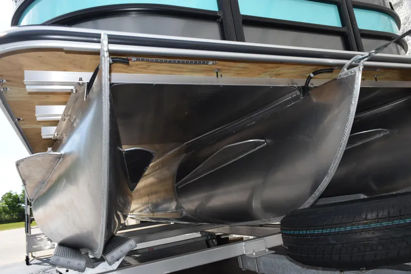 Slide: The Image of 2026 Bentley Pontoons Elite 223 Swingback pontoon boat underside view. - 4