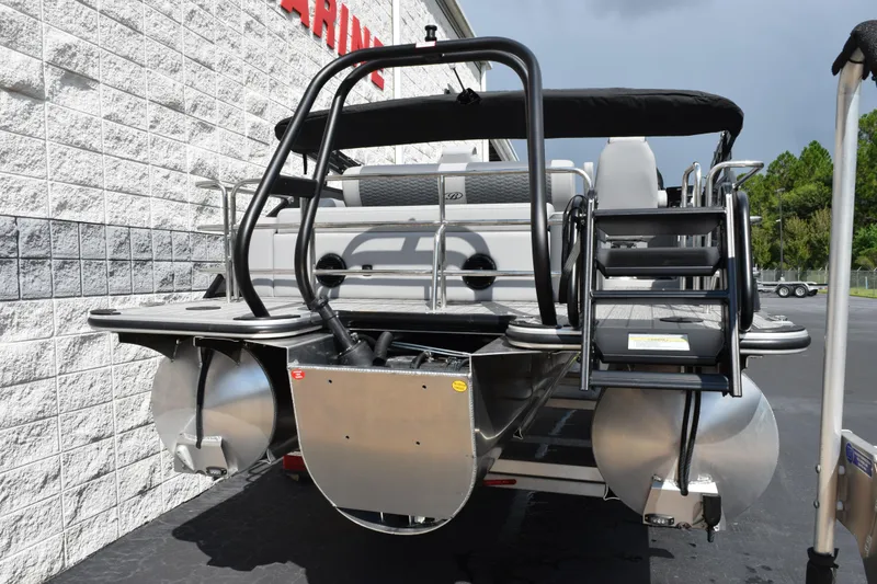 Slide: The Image of 2026 Bentley Pontoons Elite 223 Swingback, rear view, showcasing sleek design and sturdy construction. - 5