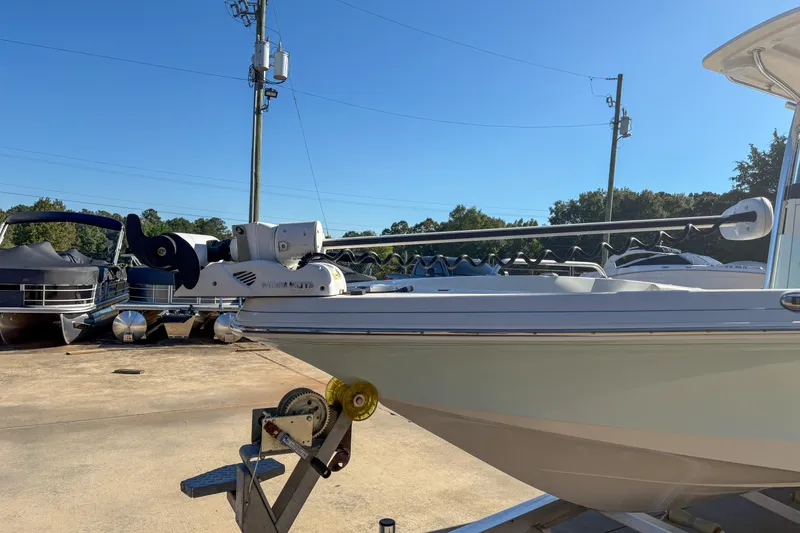 Slide: The Image of 2019 Ranger 2510 Bay boat on trailer, featuring a Minn Kota trolling motor. - 5