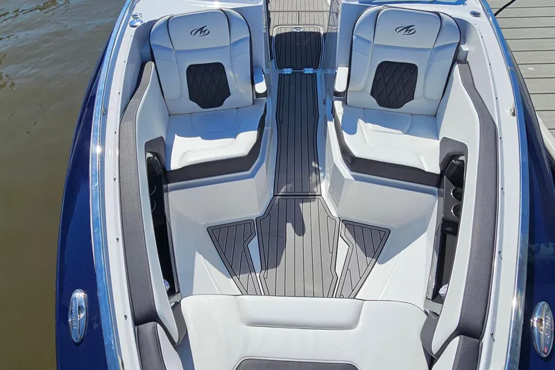 Slide: The Image of 2019 Monterey 305SS Super Sport boat interior with stylish seating and modern design. - 30
