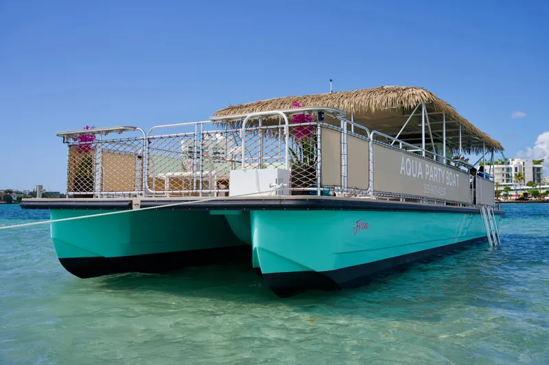 Slide: The Image of Aqua party boat, A&M Manufacturing Bulldog 43, 2027, turquoise catamaran with canopy on clear water. - 5