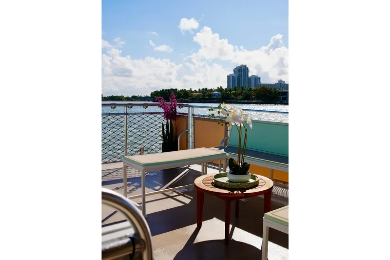 Slide: The Image of Sunny deck view on A&M Manufacturing Bulldog 43 yacht, 2027, with city skyline backdrop. - 9