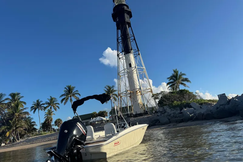 Slide: The Image of 2021 Boston Whaler 160 Super Sport near lighthouse, palm trees, and rocky shore. - 11