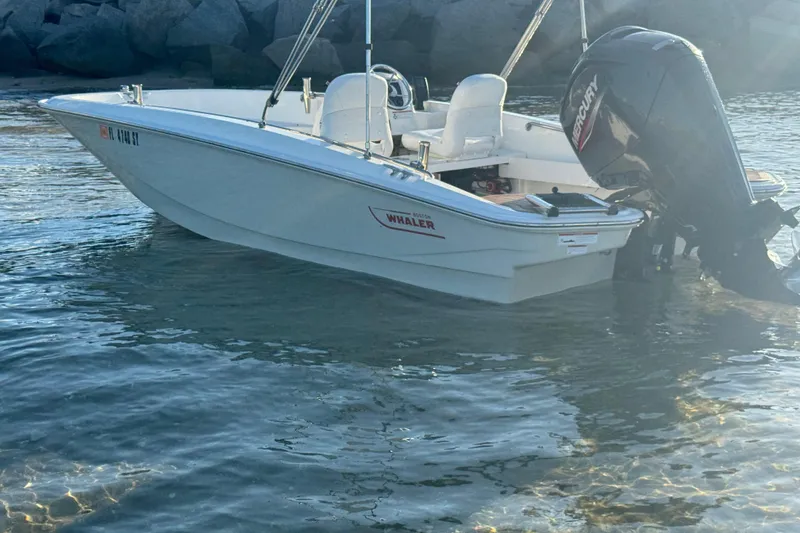 Slide: The Image of 2021 Boston Whaler 160 Super Sport boat with ladder in shallow water. - 17