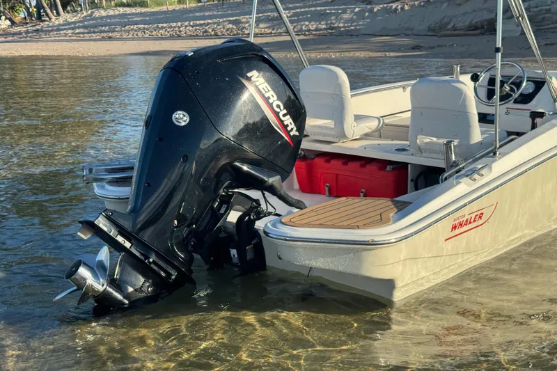 Slide: The Image of 2021 Boston Whaler 160 Super Sport with Mercury outboard engine in shallow water. - 4