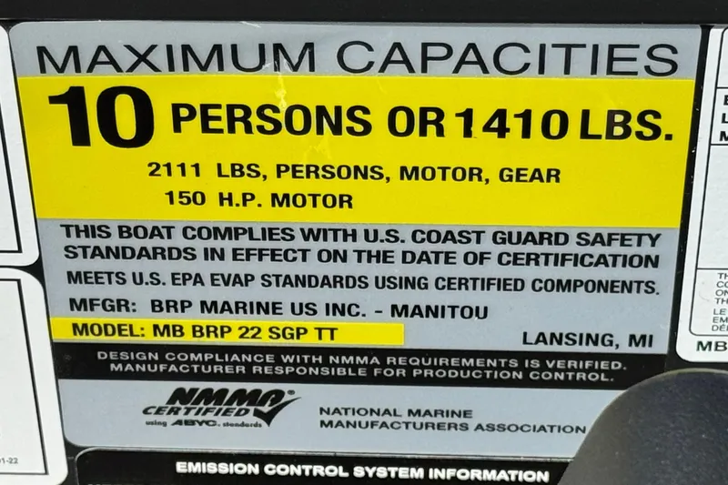 Slide: The Image of Maximum capacity label for 2026 Manitou Cruise 22 Max, 10 persons or 1410 lbs. - 27