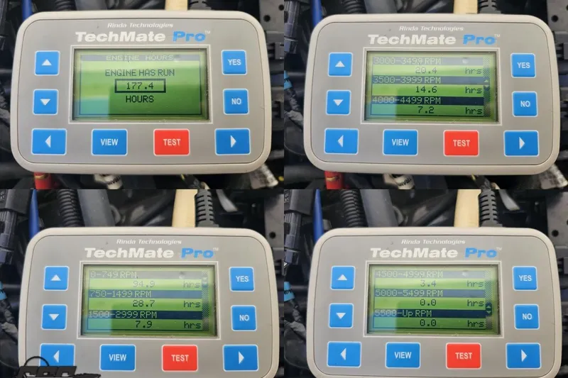 Slide: The Image of TechMate Pro engine diagnostic tool displaying RPM and hours for Hustler 266 Classic, 2010 model. - 92