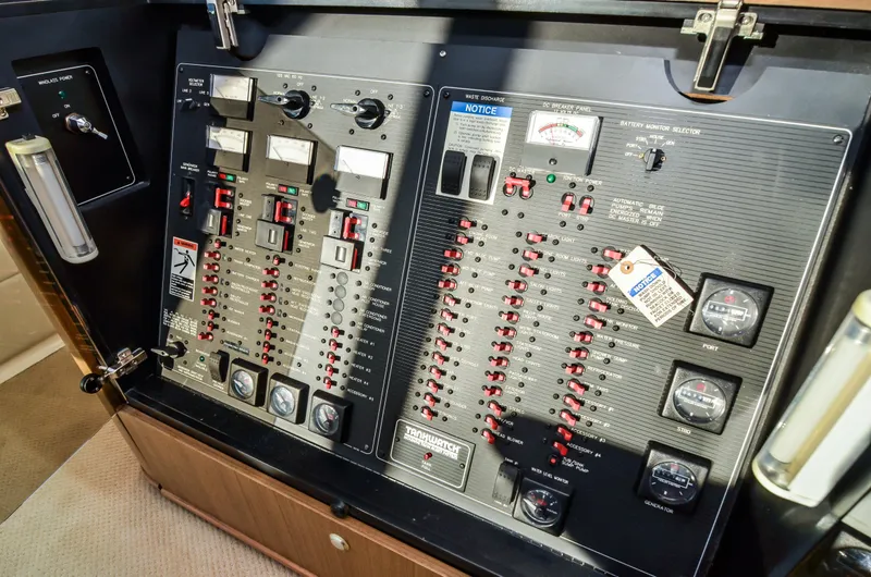 Slide: The Image of Control panel of a 2002 Bayliner 4788 Pilot House Motoryacht, featuring various switches and gauges. - 40
