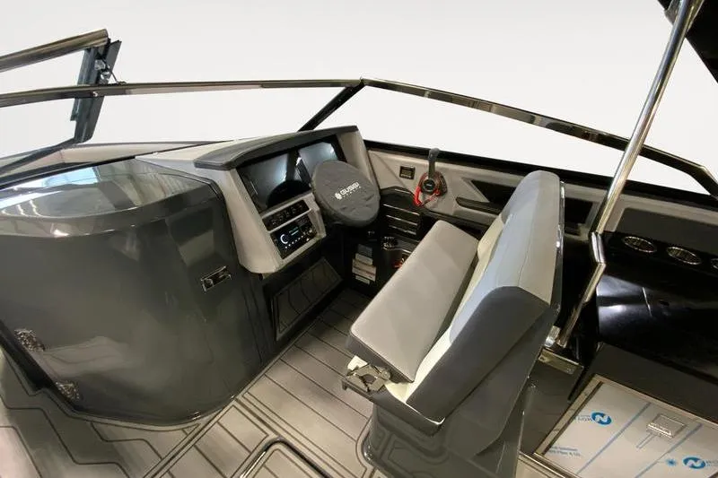 Slide: The Image of 2026 Cobalt A29 boat interior with modern helm, seating, and sleek design. - 8