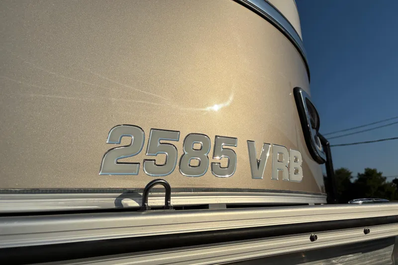 Slide: The Image of 2022 Avalon Catalina 2585 VRB pontoon boat on trailer, beige with canopy. - 18