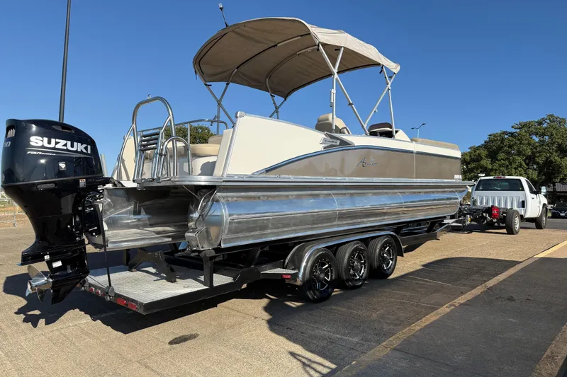 Slide: The Image of 2022 Avalon Catalina 2585 VRB pontoon boat on trailer with Suzuki outboard motor. - 75