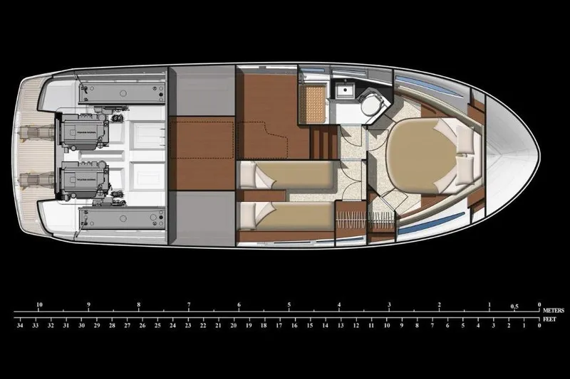 Slide: The Image of Floor plan of a 2015 Jeanneau NC11 boat, showing interior layout and engine placement. - 30