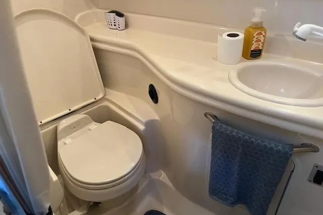 Slide: The Image of 2005 Sea Ray 320 Sundancer bathroom with toilet, sink, and toiletries. - 20
