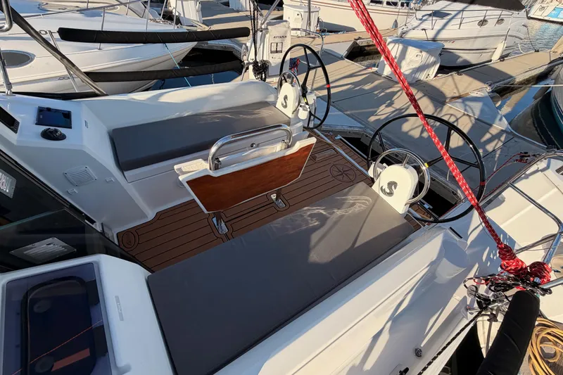 Slide: The Image of 2020 Beneteau Oceanis 30.1 sailboat cockpit with dual steering wheels and seating. - 22