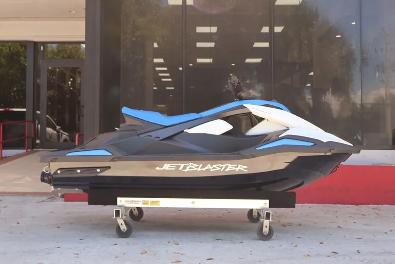 Slide: The Image of 2026 Yamaha WaveRunners Jetblaster on a dolly outside a building. - 6