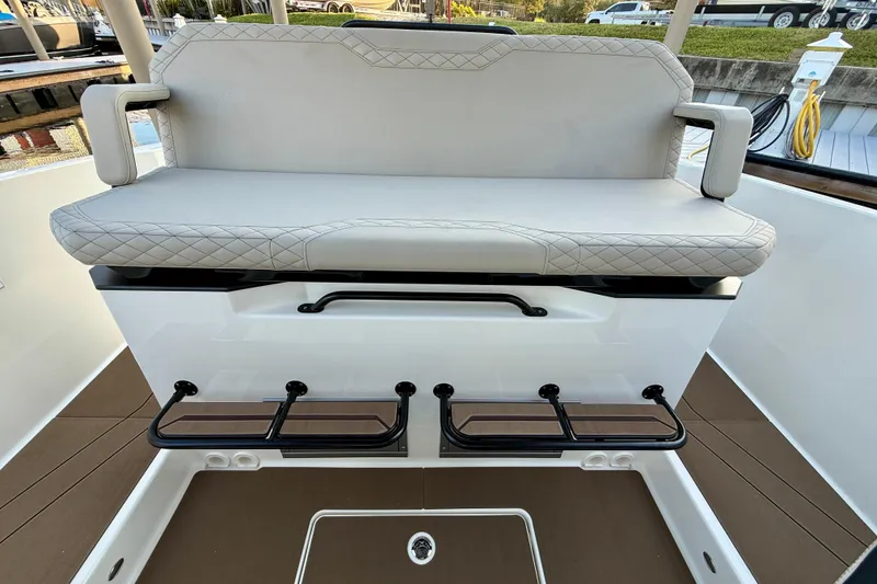 Slide: The Image of Luxurious seating on 2026 Navan S30 boat with diamond-stitched upholstery and integrated footrests. - 18