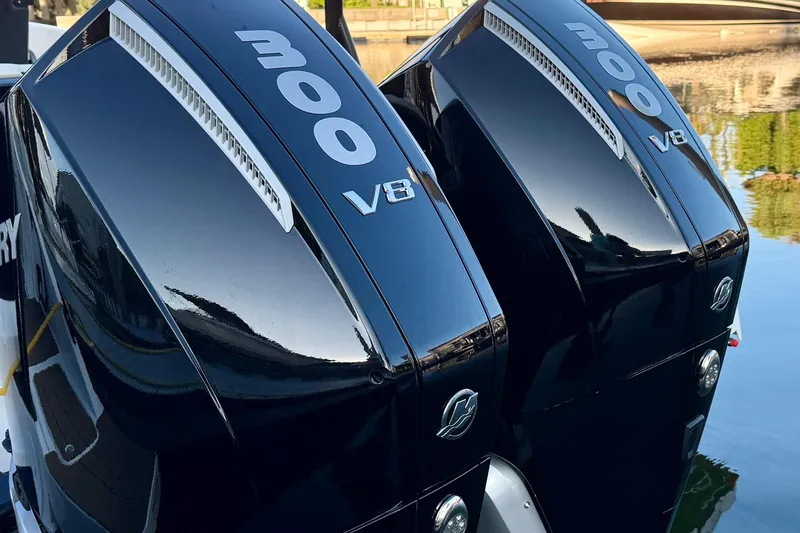 Slide: The Image of Twin Mercury 300 V8 outboard engines on a Navan S30, 2026 model. - 8