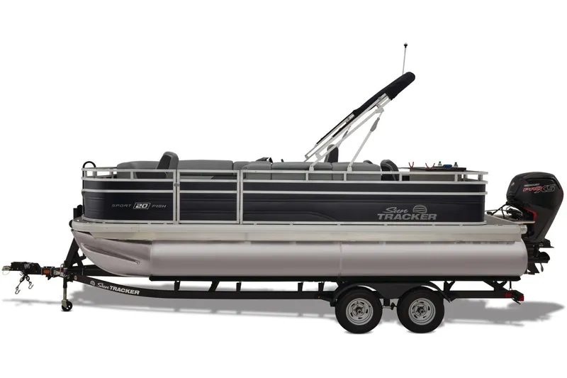 Slide: The Image of 2026 Sun Tracker SportFish 20 DLX pontoon boat on trailer, parked outdoors. - 6