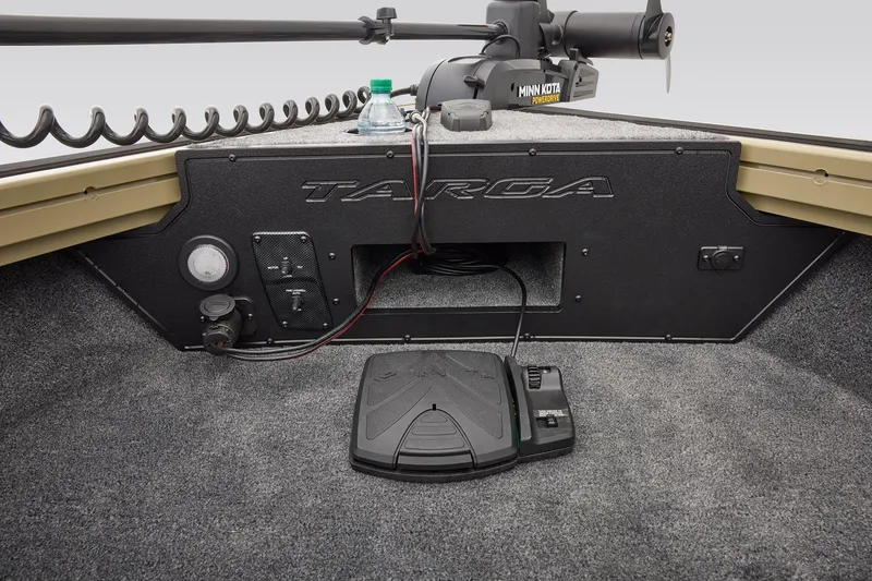 Slide: The Image of 2026 Tracker Targa V-18 Combo boat interior with storage compartments and sleek design. - 17