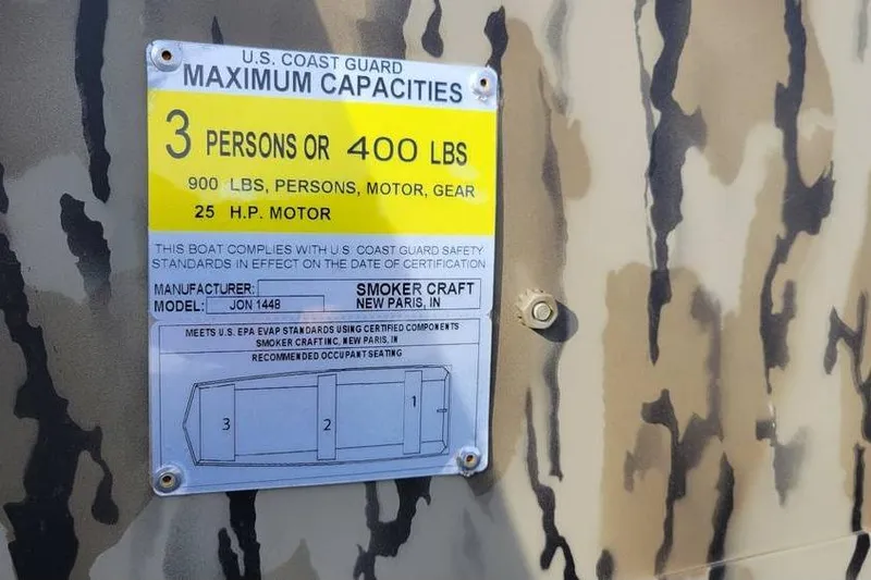 Slide: The Image of 2025 Smoker Craft Jon Boat 1448 capacity label, 3 persons or 400 lbs, 25 HP motor. - 7