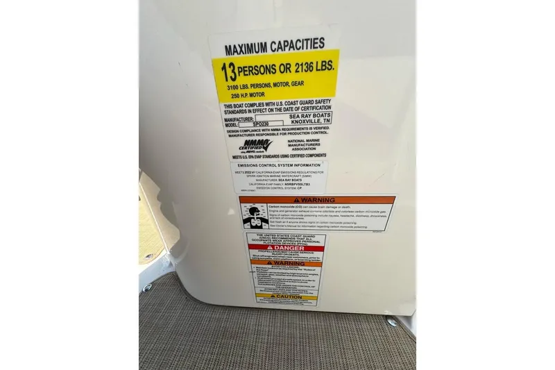 Slide: The Image of Capacity label on 2022 Sea Ray SPX 230 Outboard, maximum 13 persons or 2136 lbs. - 19