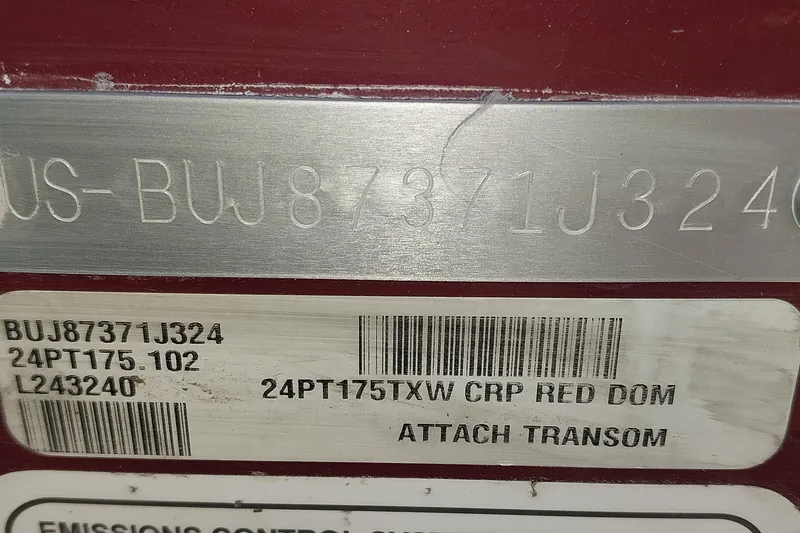 Slide: The Image of 2024 Tracker Pro Team 175 TXW identification plate with serial numbers and barcodes. - 29