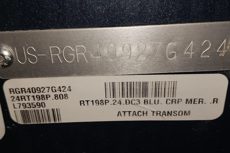 Slide: The Image of 2024 Ranger RT198P boat identification plate with serial and model numbers. - 13