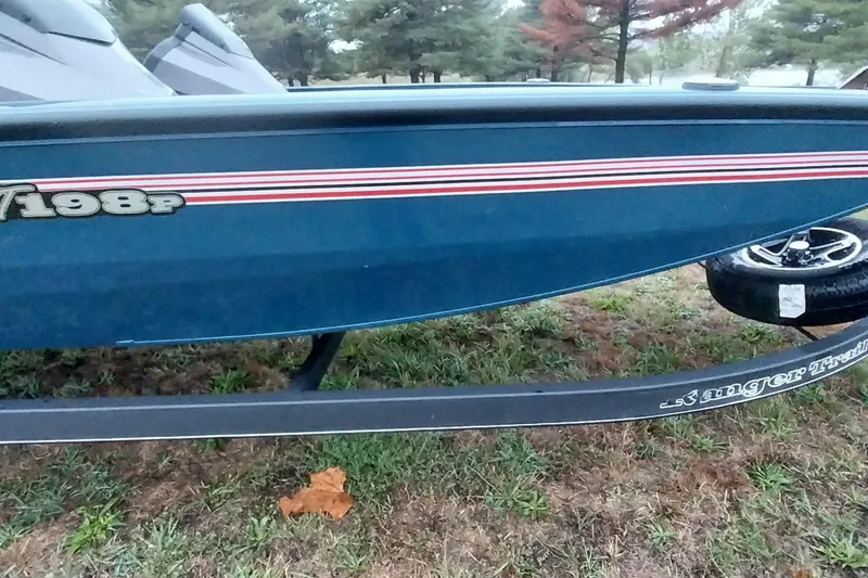 Slide: The Image of 2024 Ranger RT198P boat side view with red stripe detailing. - 28