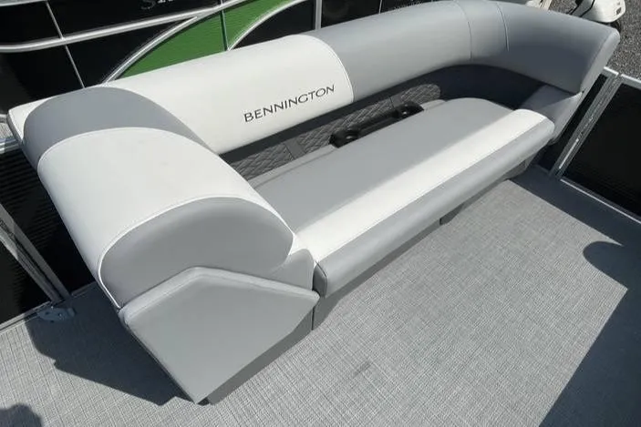 Slide: The Image of 2025 Bennington SLJSR boat seating, gray upholstery, spacious and comfortable design. - 10