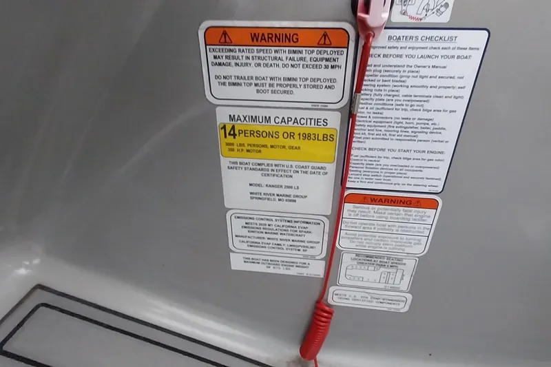 Slide: The Image of 2020 Ranger 2500LS boat warning labels and capacity information, maximum 14 persons or 1983 lbs. - 68