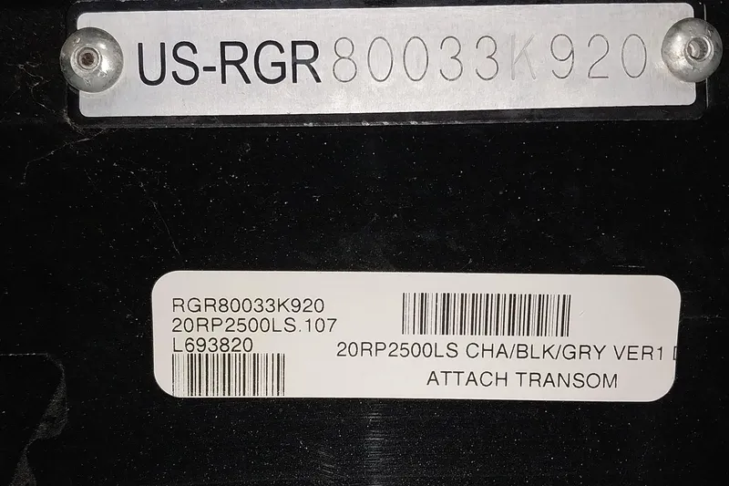 Slide: The Image of Serial number and barcode labels on a 2020 Ranger 2500LS boat transom. - 69