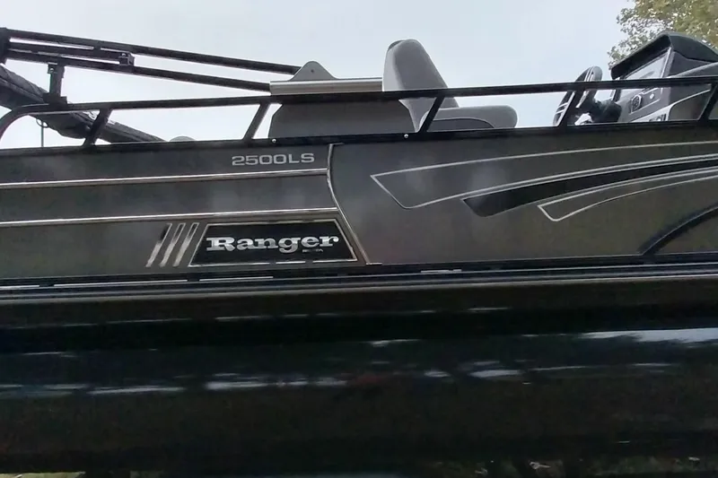 Slide: The Image of 2020 Ranger 2500LS boat side view with sleek design and branding. - 8