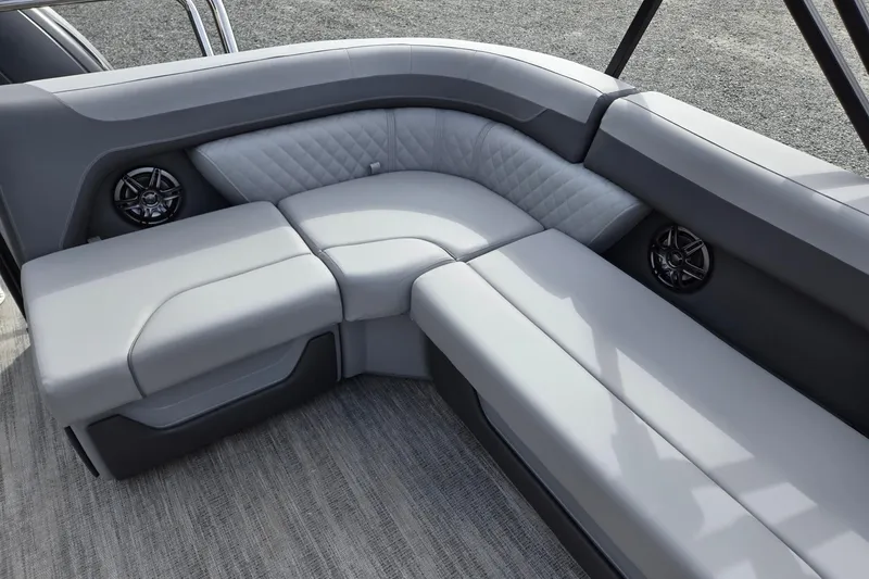 Slide: The Image of Luxurious seating on 2026 Godfrey Sweetwater 2086 C pontoon boat, featuring sleek gray upholstery. - 23