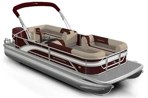 Slide: The Image of 2026 Bennington SSR pontoon boat with red and beige seating, sleek design. - 3