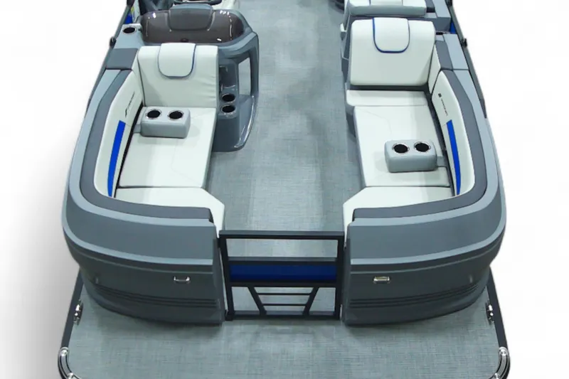 Slide: The Image of 2026 Starcraft GX 18 R boat interior with gray and white seating, cup holders, and modern design. - 16