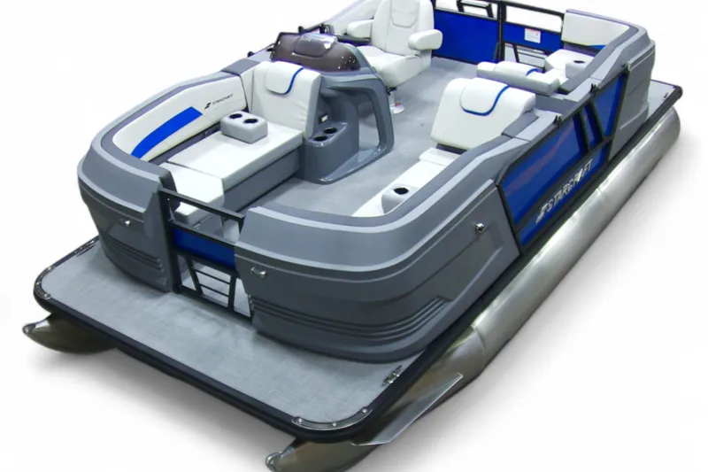 Slide: The Image of 2026 Starcraft GX 18 R pontoon boat with modern seating and sleek design. - 17